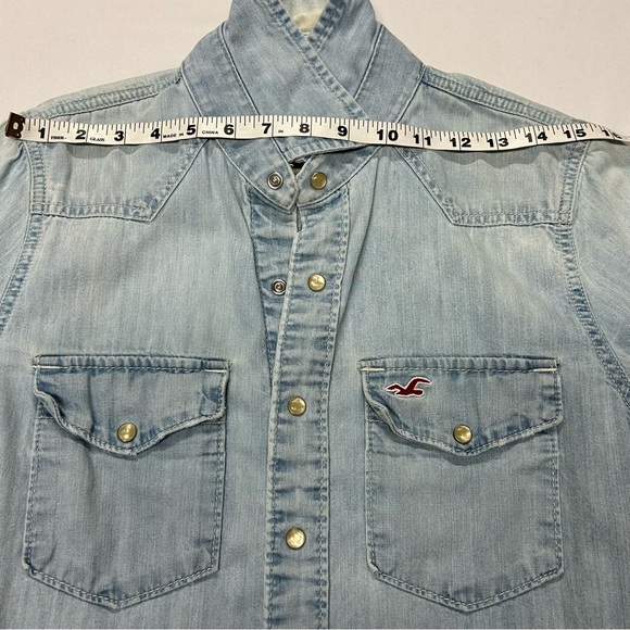 Hollister Womens Denim Pearl Snap Shirt Sz S Distressed Western Y2k - Picture 5 of 11